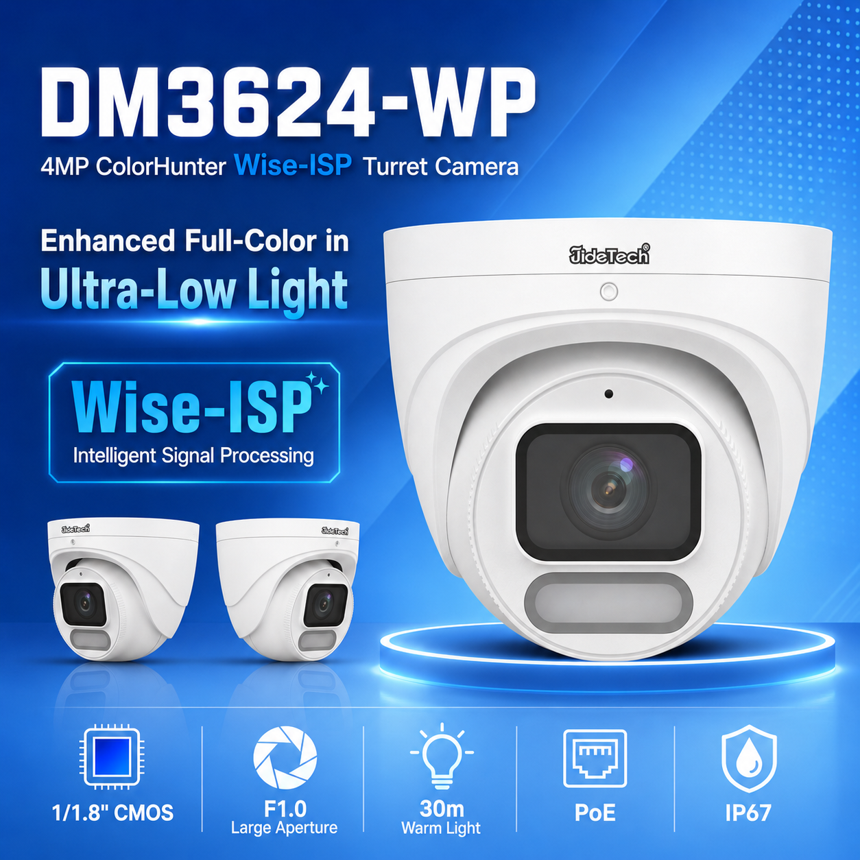 JideTech 4MP ColorHunter Wise-ISP PoE Turret Camera, F1.0 Full-Color Night Vision, Warm Light, Built-in Mic, IP67