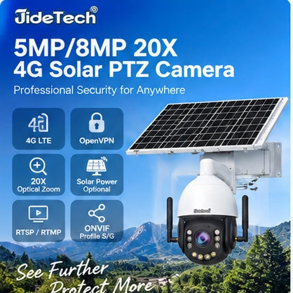 JideTech P10 5MP/8MP 20X 4G LTE PTZ Camera with OpenVPN, RTSP, RTMP | Solar Optional
