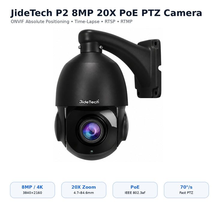 JideTech 8MP 20X PoE PTZ IP Camera with ONVIF Absolute Positioning, Time-Lapse, RTSP & RTMP – P2