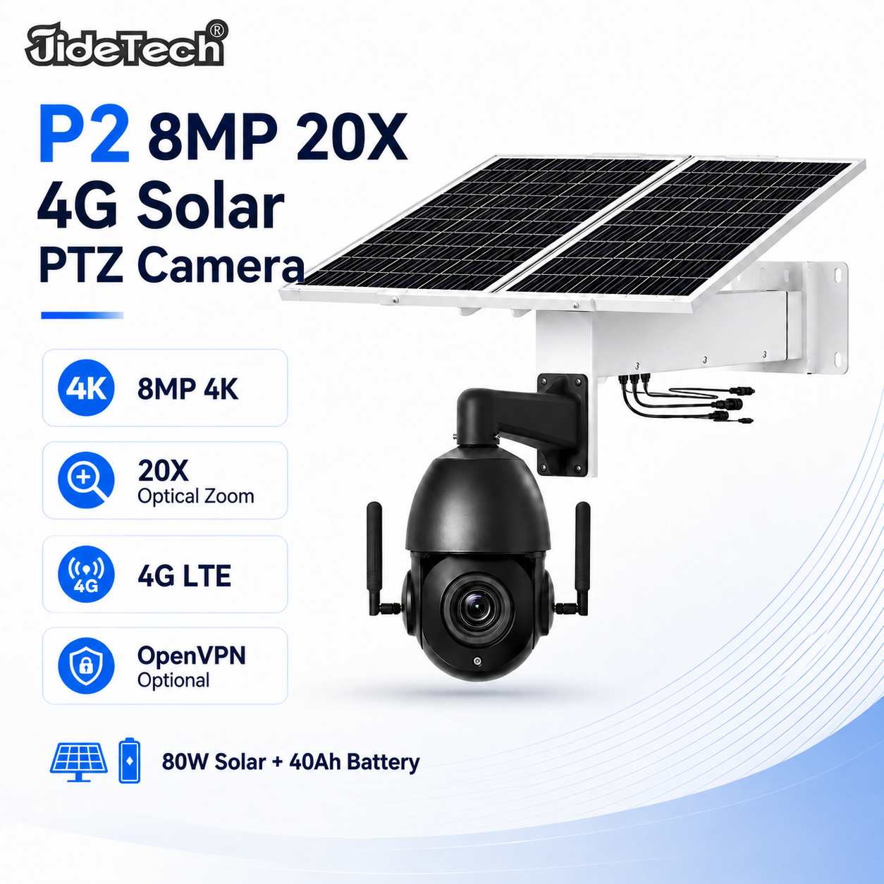 JideTech P2 8MP 20X Optical Zoom 4G PTZ IP Camera with ONVIF RTSP | Optional OpenVPN & Solar Power Kit