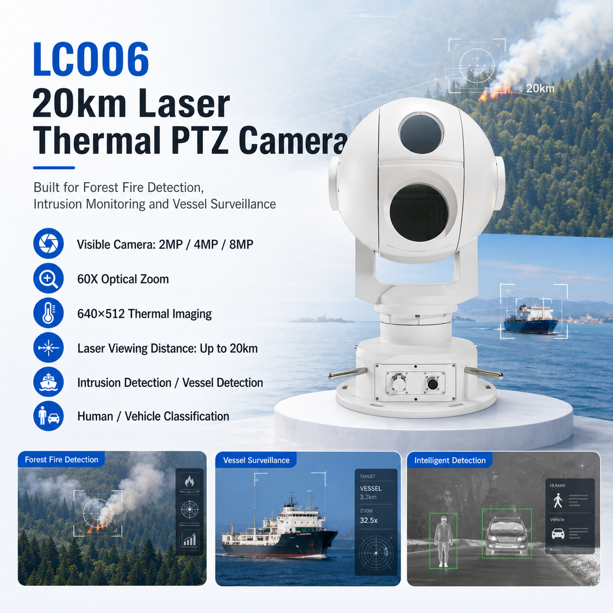 JideTech 20km Laser Thermal PTZ Camera 60X Optical Zoom, 640×512 Thermal Imaging & Custom Visible Camera LC006