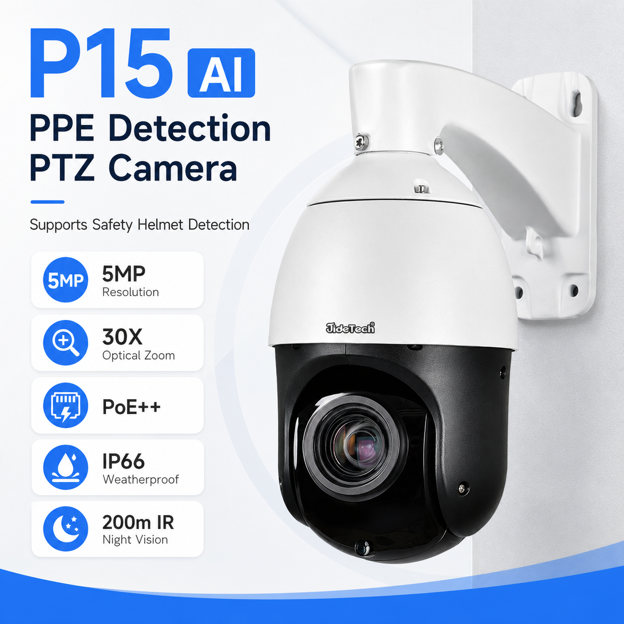 JideTech P15 5MP 30X PoE PTZ Camera with AI PPE Detection
