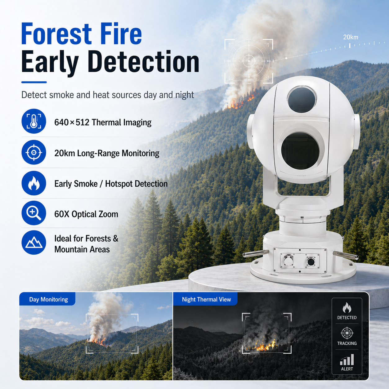 JideTech 20km Laser Thermal PTZ Camera 60X Optical Zoom, 640×512 Thermal Imaging & Custom Visible Camera LC006