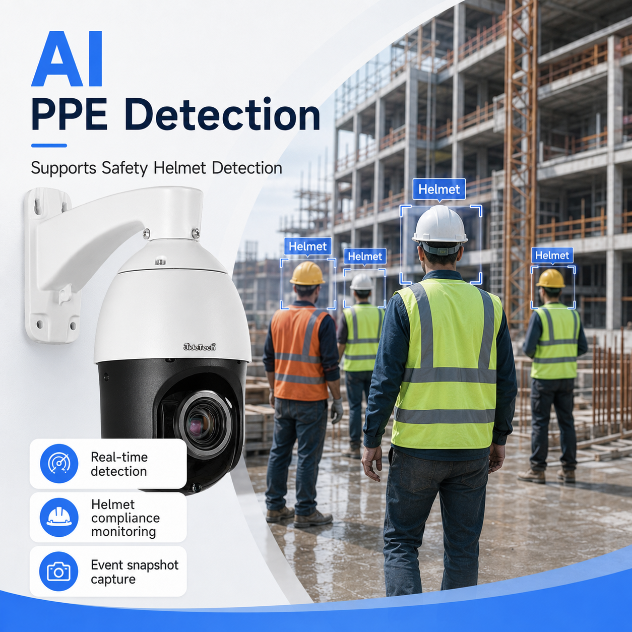 JideTech P15 5MP 30X PoE PTZ Camera with AI PPE Detection