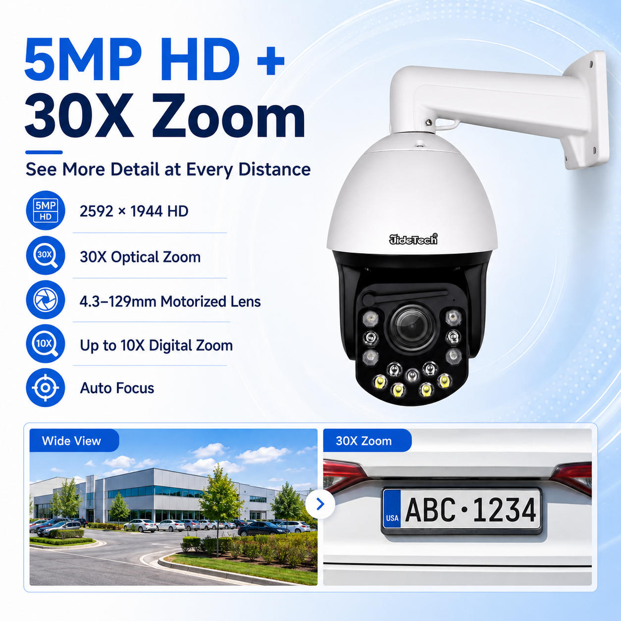 JideTech 5MP 30X Absolute Positioning PoE PTZ Camera with 500m IR Night Vision