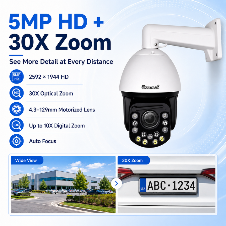 JideTech 5MP 30X Absolute Positioning PoE PTZ Camera with 500m IR Night Vision