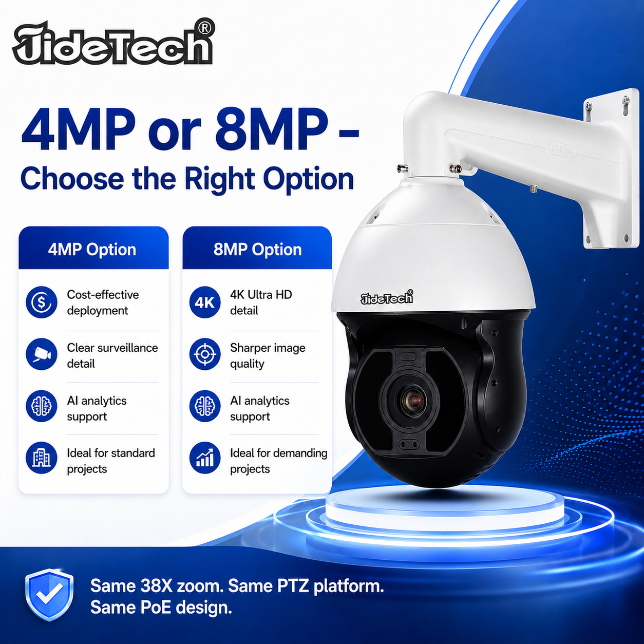 JideTech 8MP 38X Optical Zoom AI PoE PTZ Camera with 500m IR & ONVIF Absolute Positioning