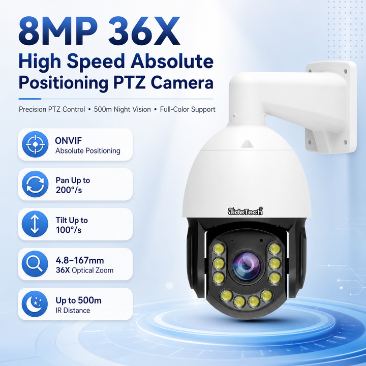 JideTech 8MP 36X High Speed Absolute Positioning PoE PTZ Camera with 500m Night Vision P22