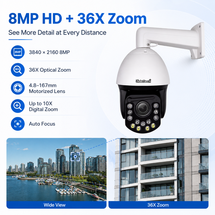 JideTech 8MP 36X Absolute Positioning PoE PTZ Camera with 500m IR Night Vision