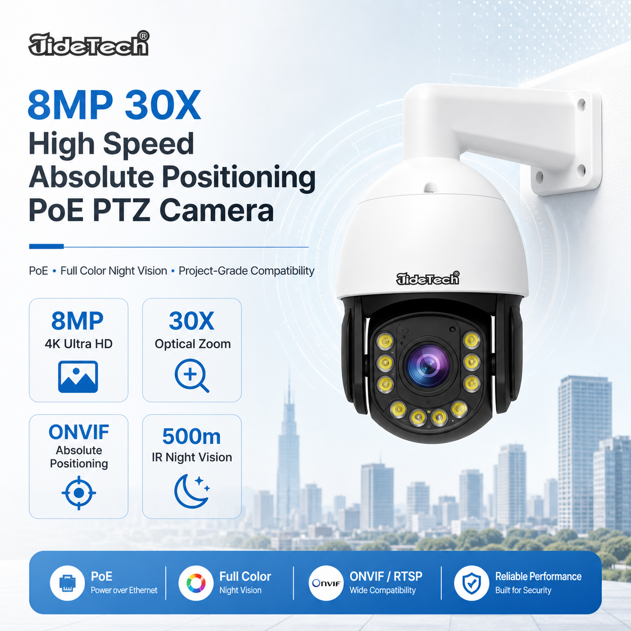 JideTech 8MP 30X High Speed Absolute Positioning PoE PTZ Camera | 500m IR (P22)