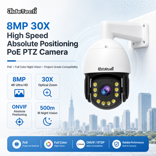JideTech 8MP 30X High Speed Absolute Positioning PoE PTZ Camera | 500m IR (P22)