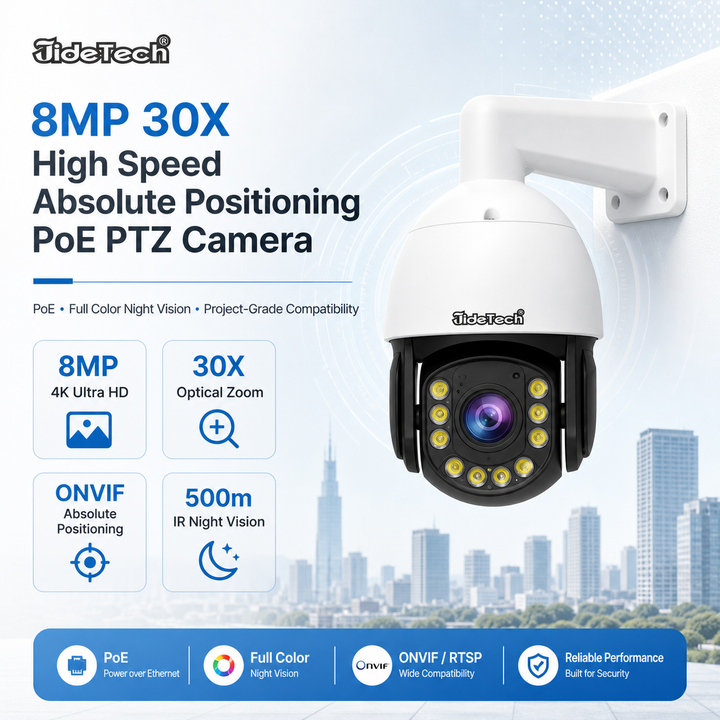 JideTech 8MP 30X High Speed Absolute Positioning PoE PTZ Camera | 500m IR (P22)