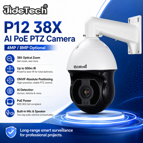 JideTech 8MP 38X Optical Zoom AI PoE PTZ Camera with 500m IR & ONVIF Absolute Positioning