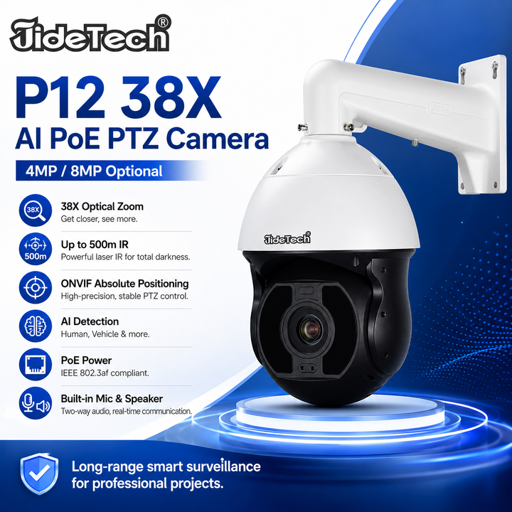 JideTech 8MP 38X Optical Zoom AI PoE PTZ Camera with 500m IR & ONVIF Absolute Positioning
