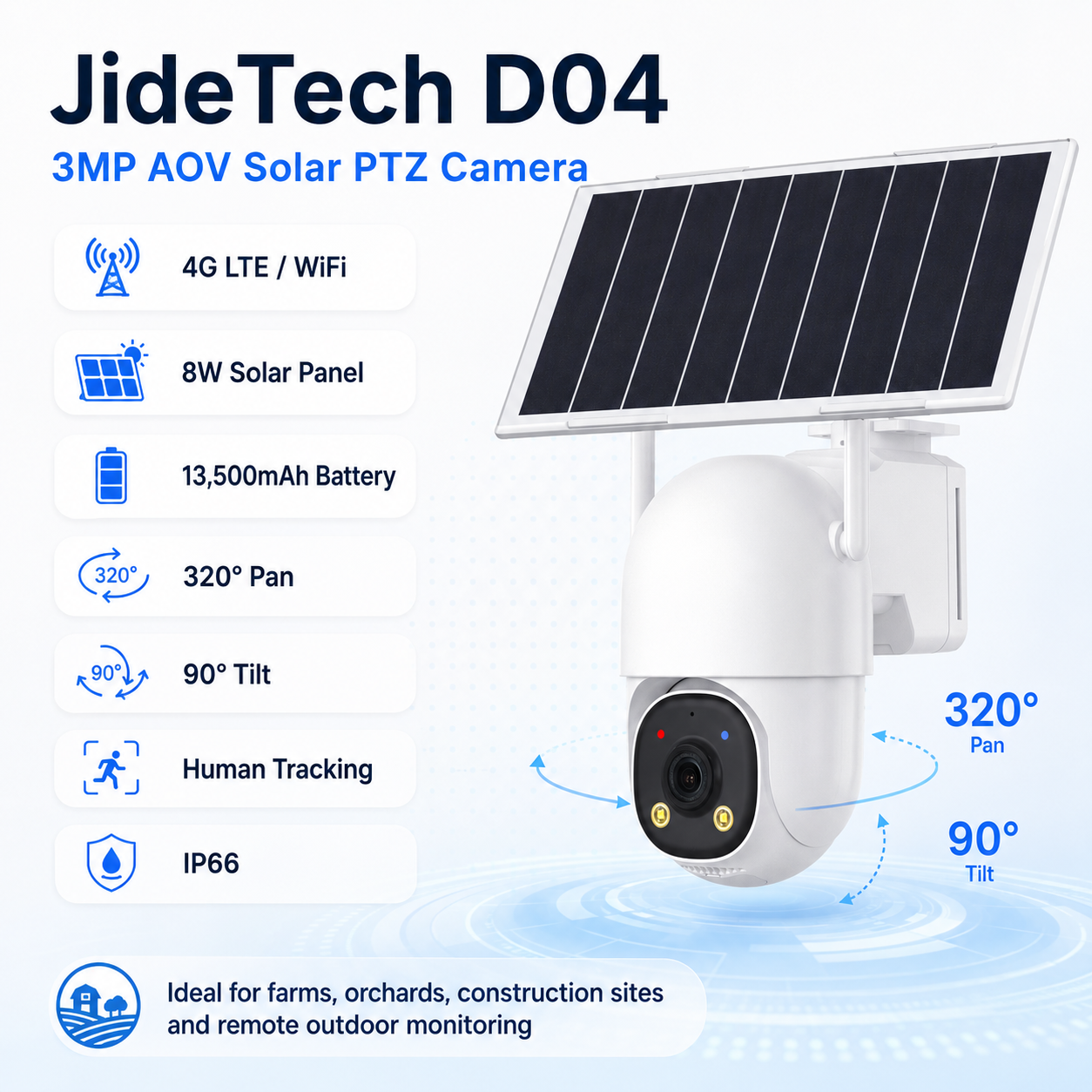 JideTech D04 3MP AOV Solar PTZ Security Camera – 4G LTE / Dual-Band WiFi