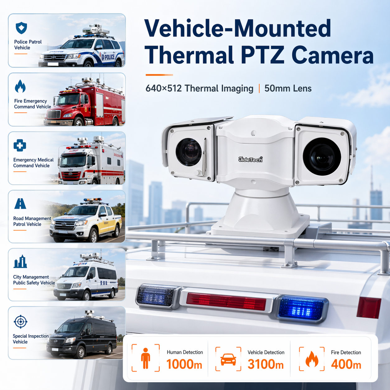 JideTech LC002 Vehicle-Mounted Thermal PTZ Camera, 4MP 40X Zoom, 640×512 Thermal Imaging, 50mm Lens