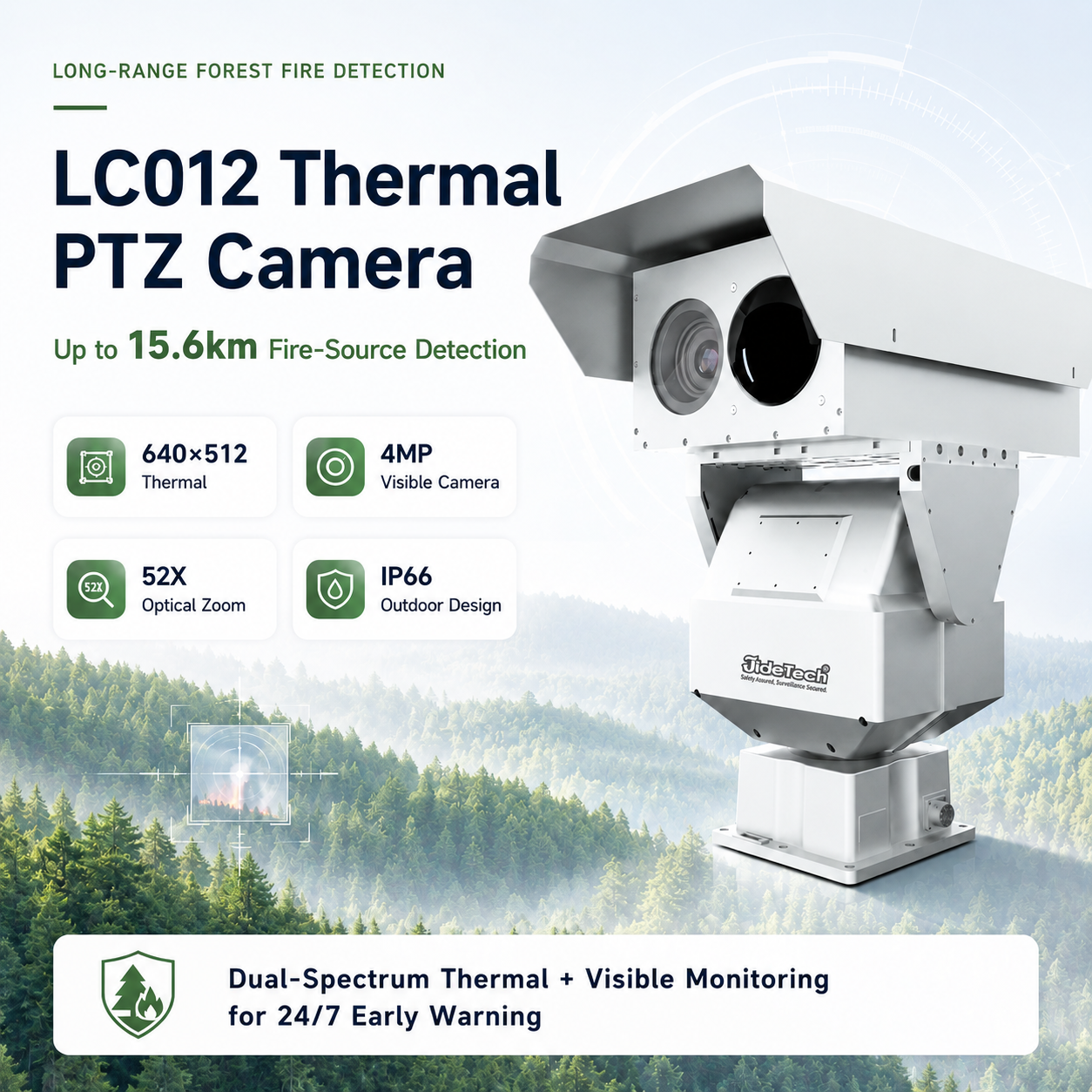 JideTech LC012 15km Forest Fire Detection Thermal PTZ Camera | 640×512 Thermal + 4MP 52X Zoom Visible Camera