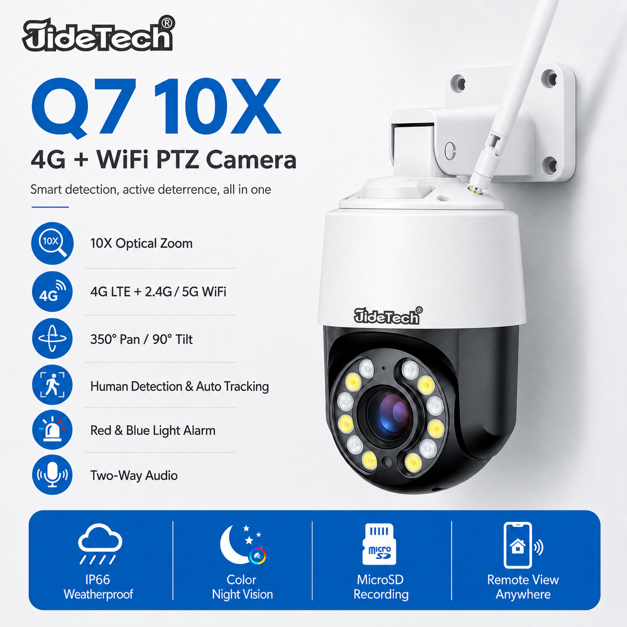 JideTech Q7 2MP/5MP/8MP 10X Optical Zoom 4G & WiFi PTZ Camera with Auto Tracking and Red/Blue Alarm