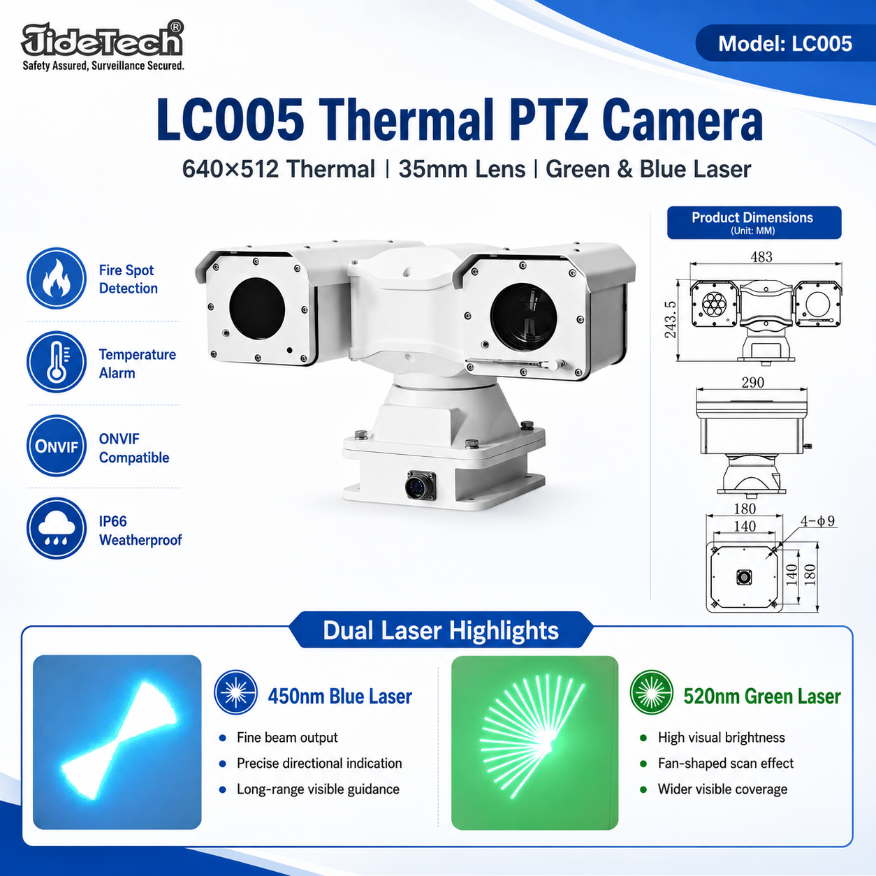 JideTech LC005 Dual 5W Green & Blue Laser Thermal PTZ Camera 640×512 35mm