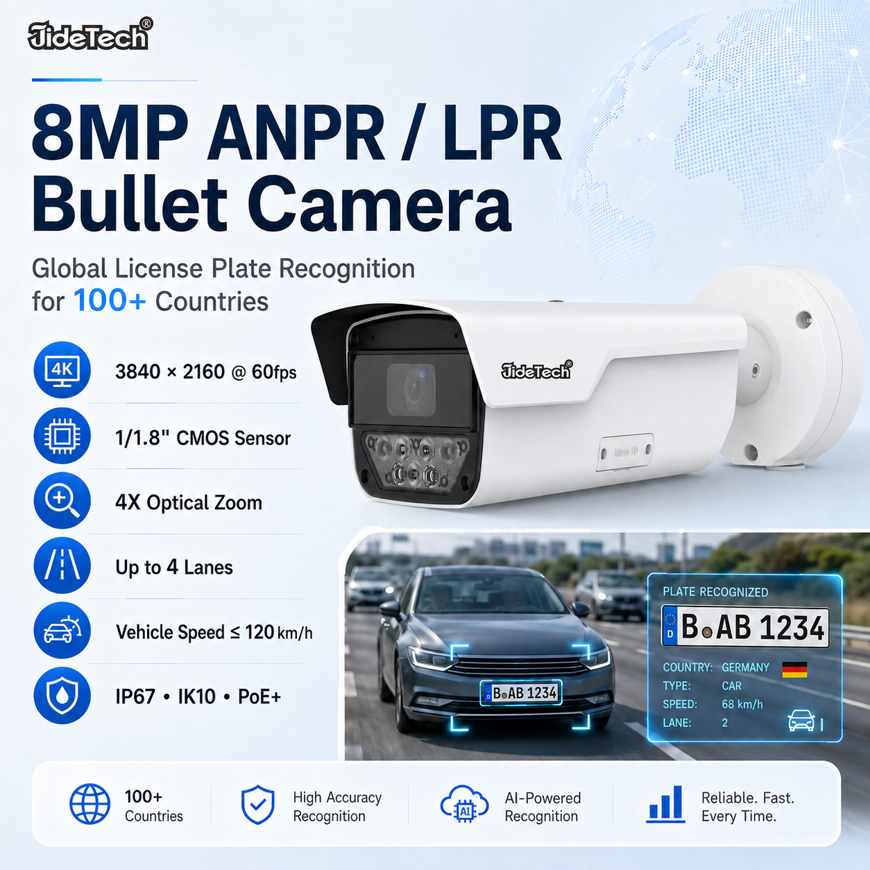 JideTech 8MP ANPR License Plate Recognition Camera for Road & Parking Projects LPR268