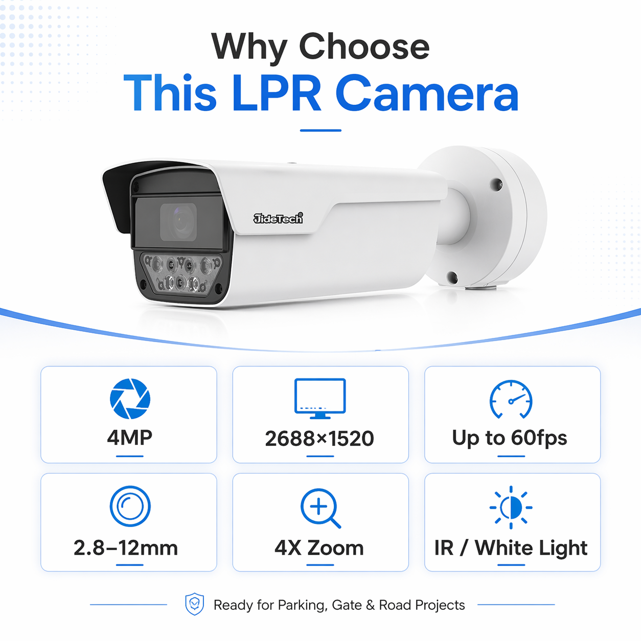 JideTech 4MP 60fps License Plate Recognition Camera | 2.8-12mm 4X Zoom | IR / White Light Versions