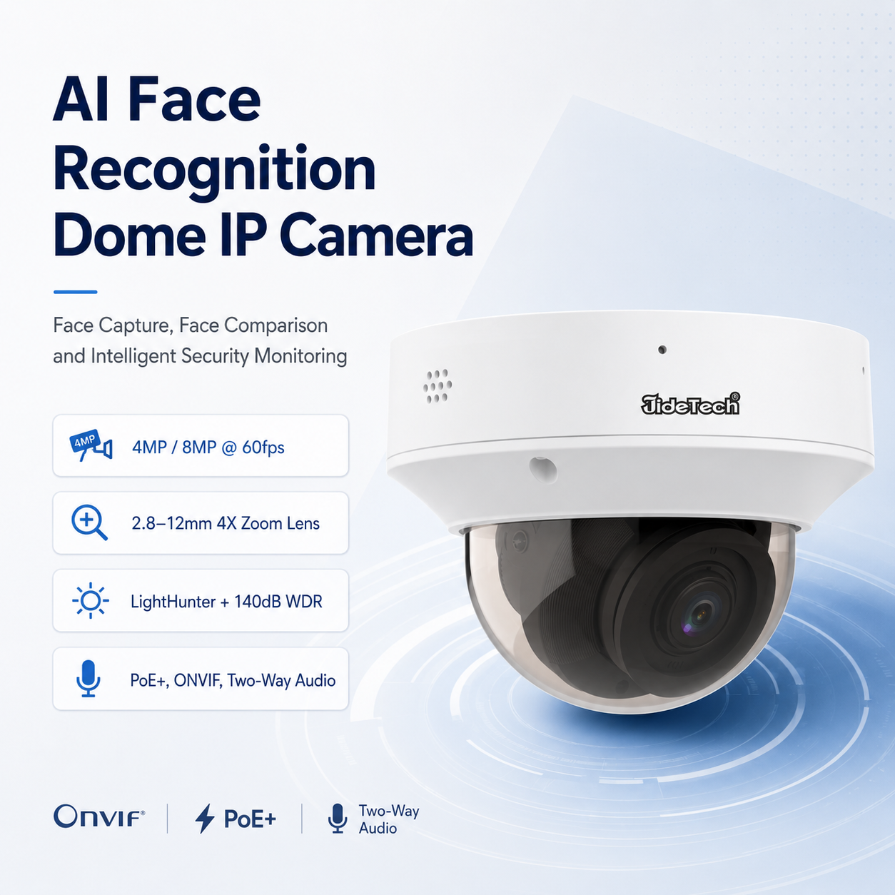 JideTech 4MP/8MP Face Recognition LightHunter WDR Dome IP Camera with 4X Zoom, PoE, Face Capture & Comparison A3238