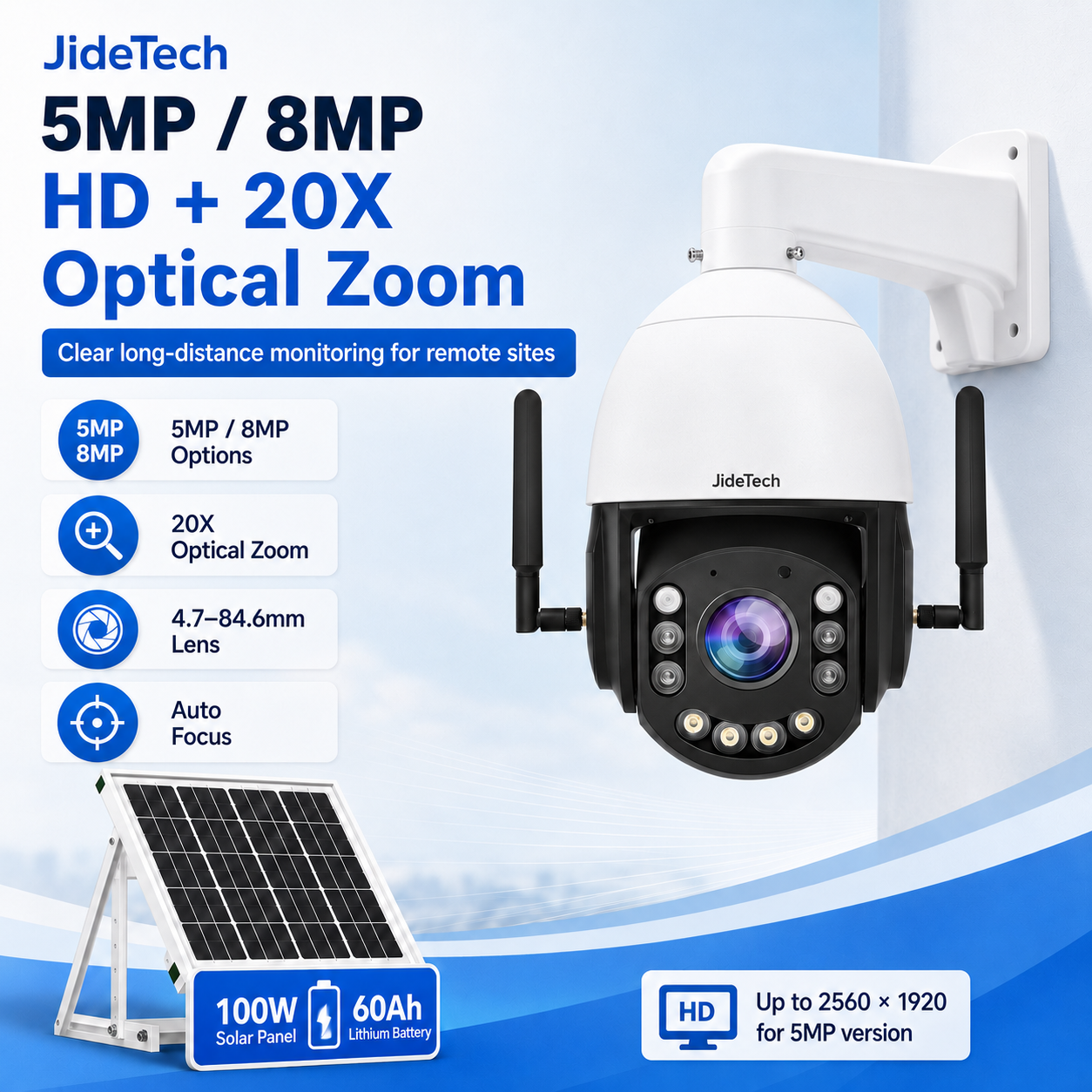 JideTech 5MP / 8MP 20X Optical Zoom 4G WiFi OpenVPN PTZ Camera with Optional 100W 60Ah Solar Kit