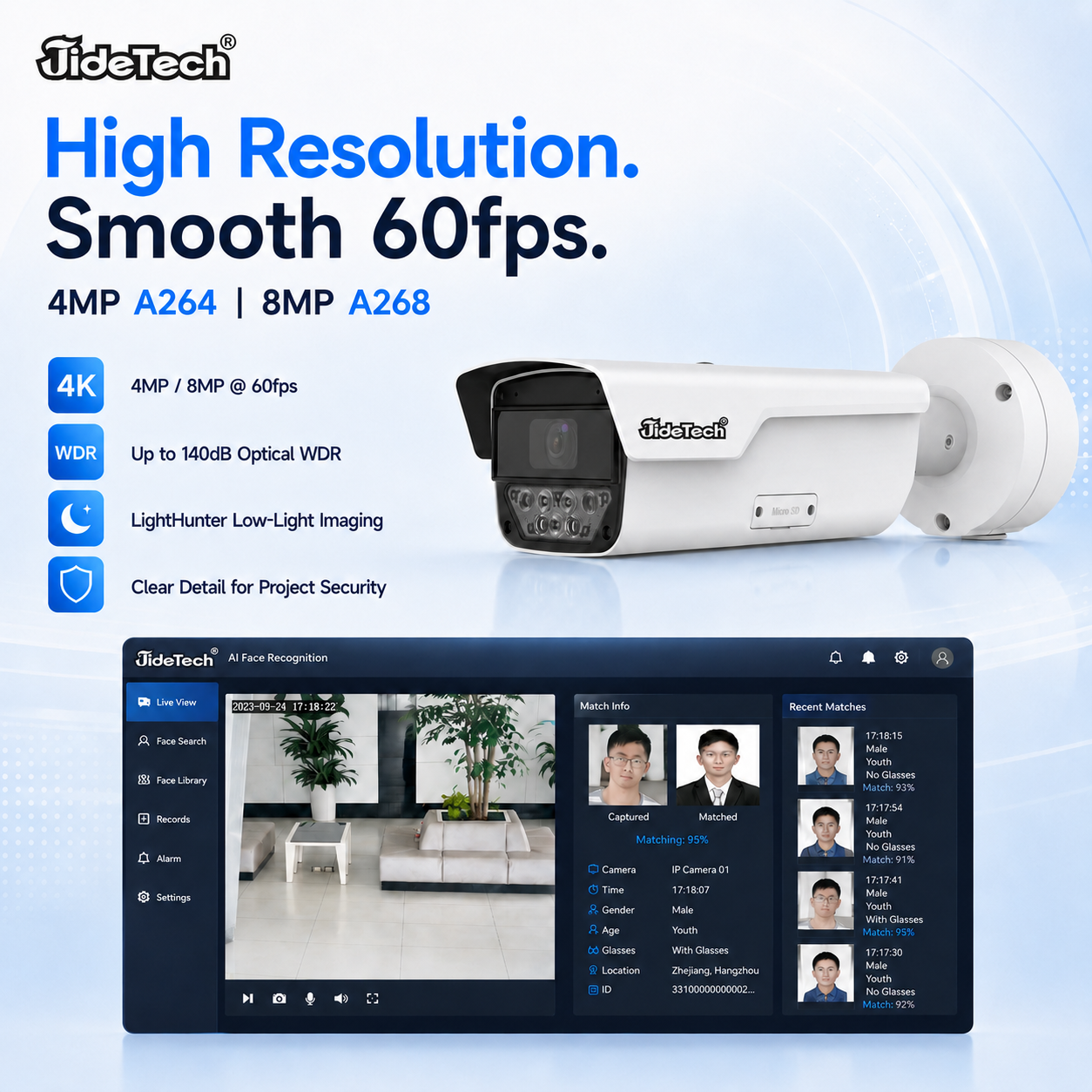 JideTech A264/A268 AI Face Recognition Bullet Camera, 4MP/8MP 60fps, 4X Zoom, PoE, IP67