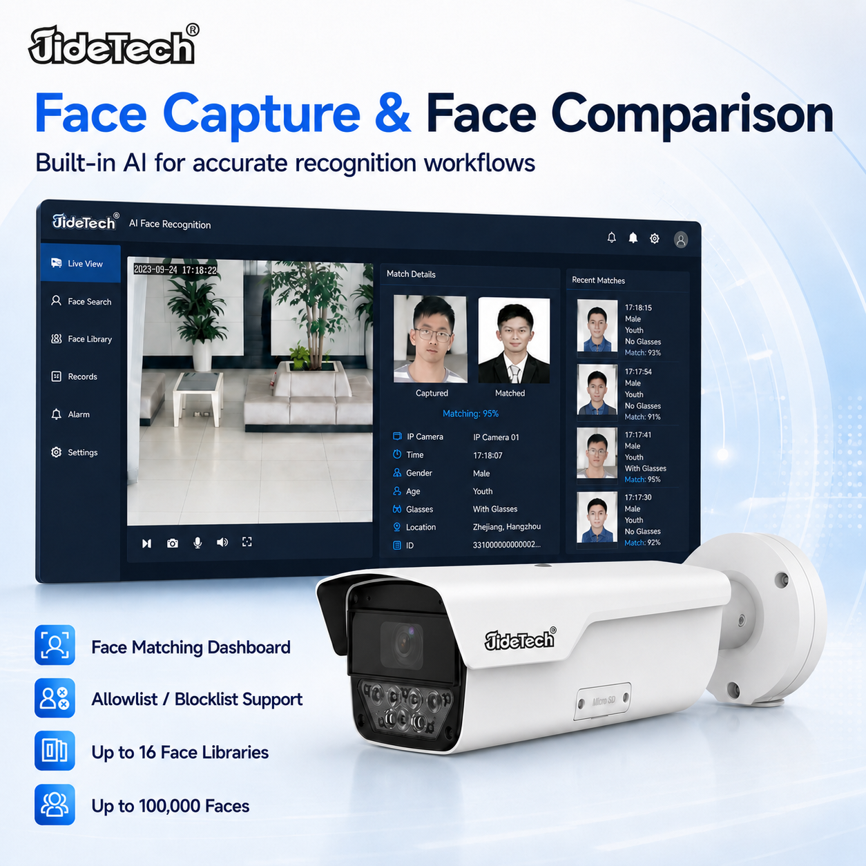 JideTech A264/A268 AI Face Recognition Bullet Camera, 4MP/8MP 60fps, 4X Zoom, PoE, IP67