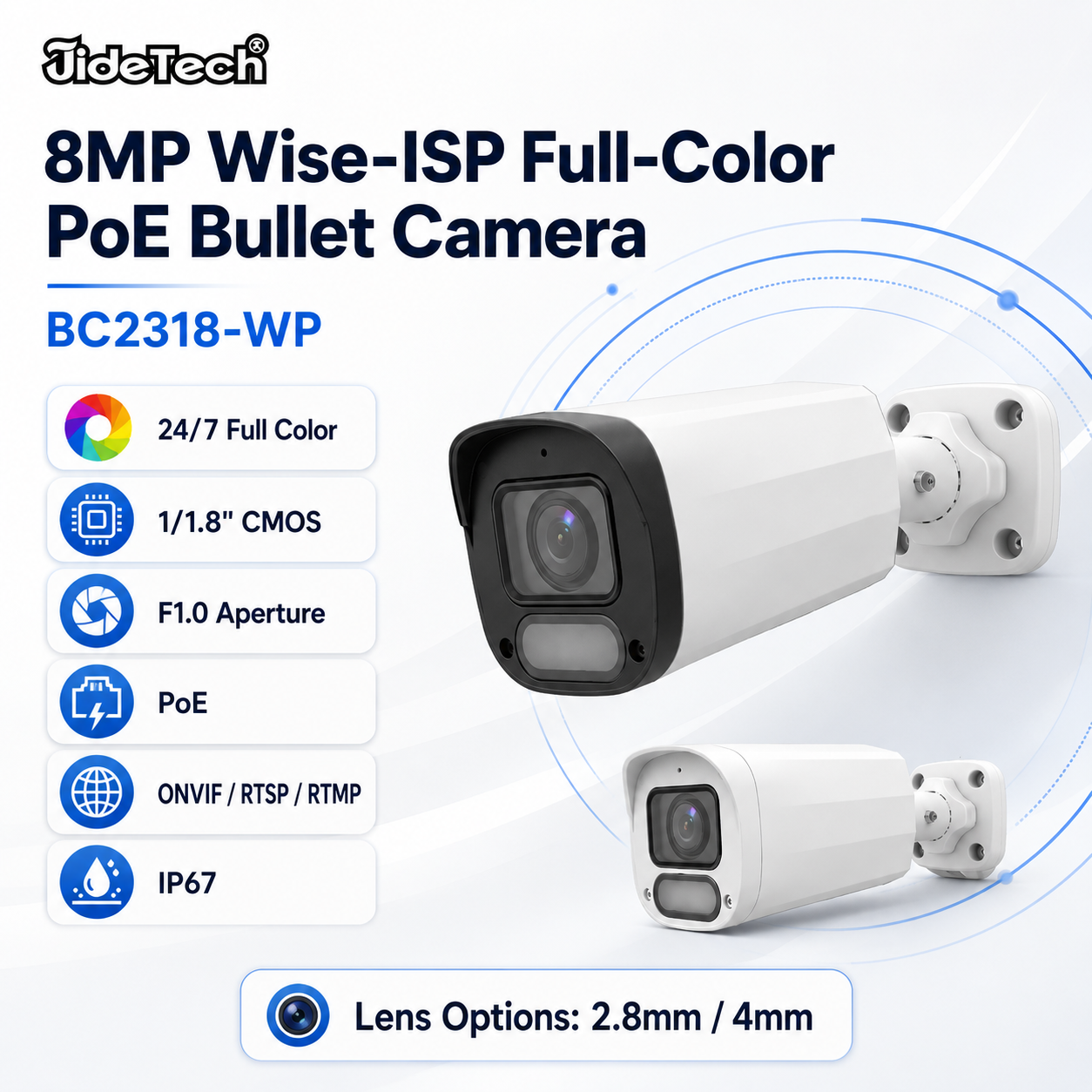 JideTech 8MP Wise-ISP ColorHunter Full-Color PoE Bullet Camera BC2318-WP