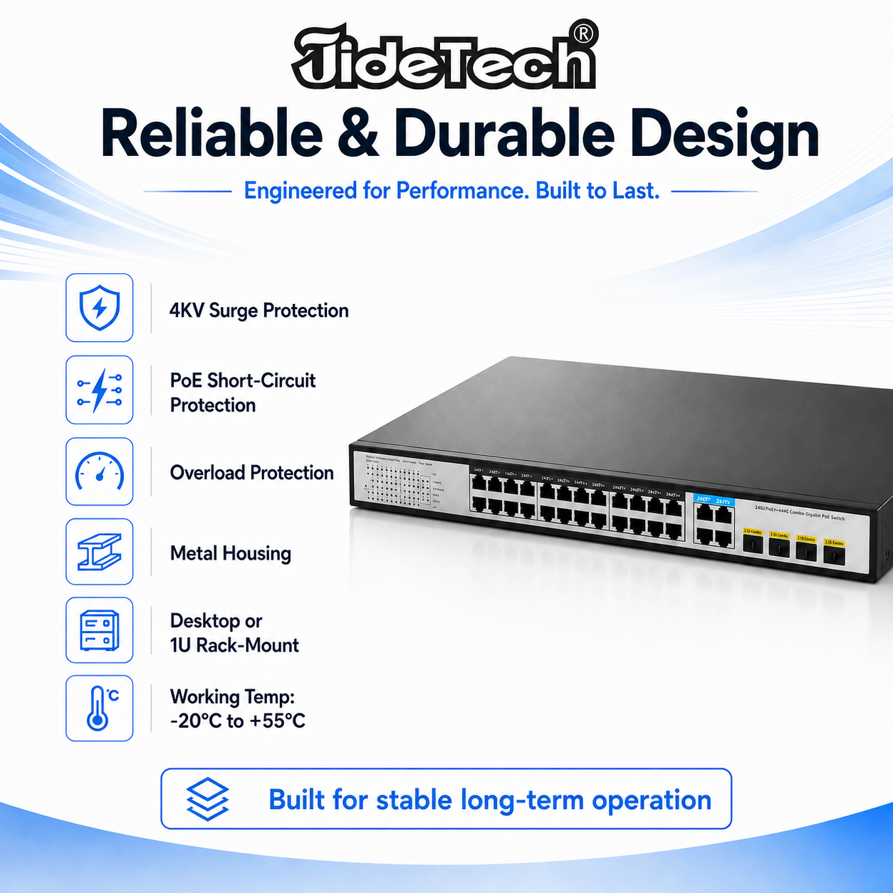 JideTech Gigabit PoE Switch with 4 SFP/RJ45 Combo Uplinks, 16/24-Port, 250W/300W/400W
