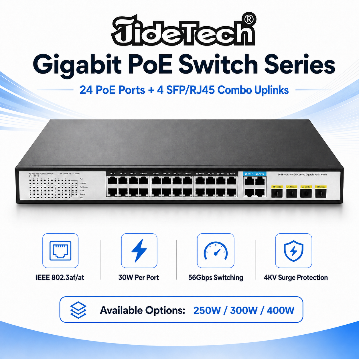 JideTech Gigabit PoE Switch with 4 SFP/RJ45 Combo Uplinks, 16/24-Port, 250W/300W/400W
