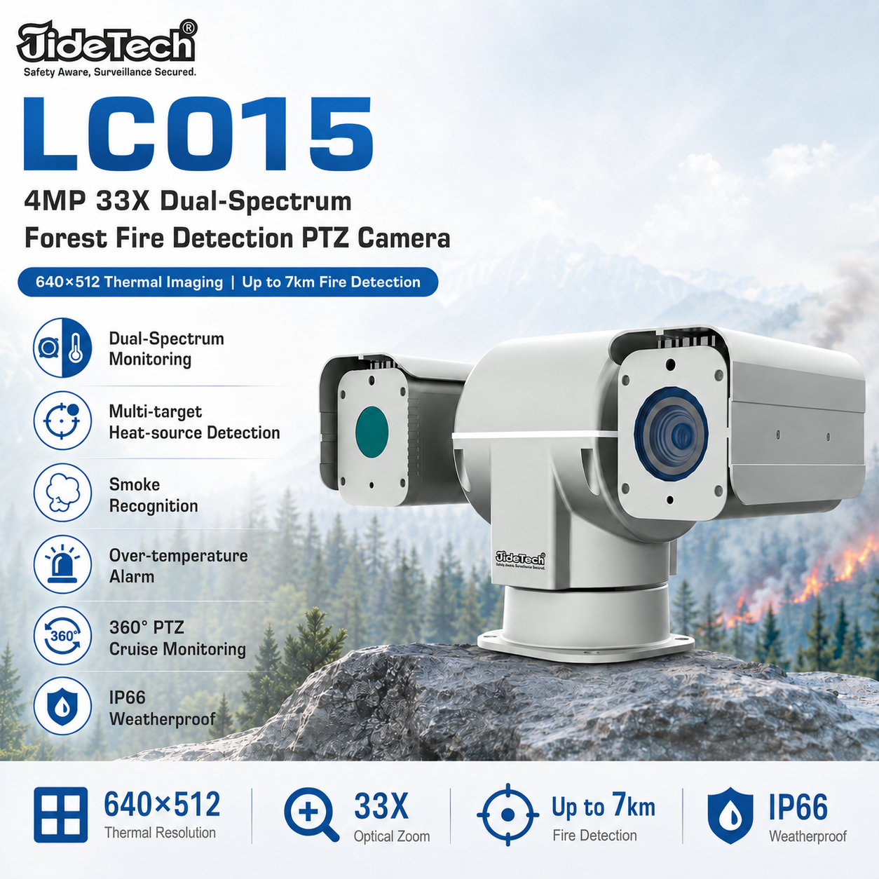 LC015 4MP 33X Forest Fire Detection PTZ Camera with 640×512 Thermal Imaging