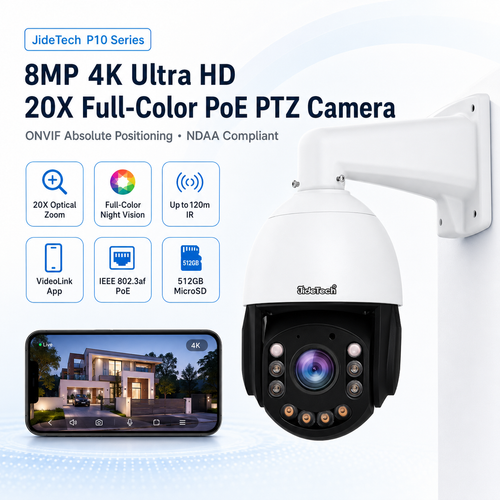 JideTech P10 8MP 20X ONVIF Absolute Positioning Full-Color PoE PTZ Camera