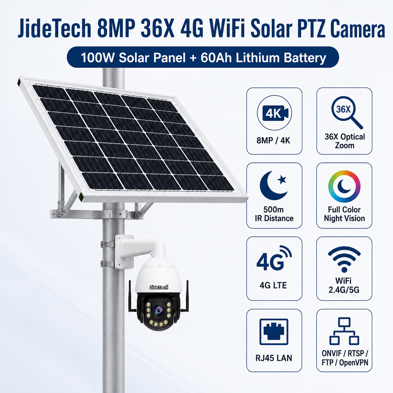 JideTech 8MP 36X 4G WiFi Solar PTZ Camera 100W 60Ah | ONVIF OpenVPN RTSP FTP