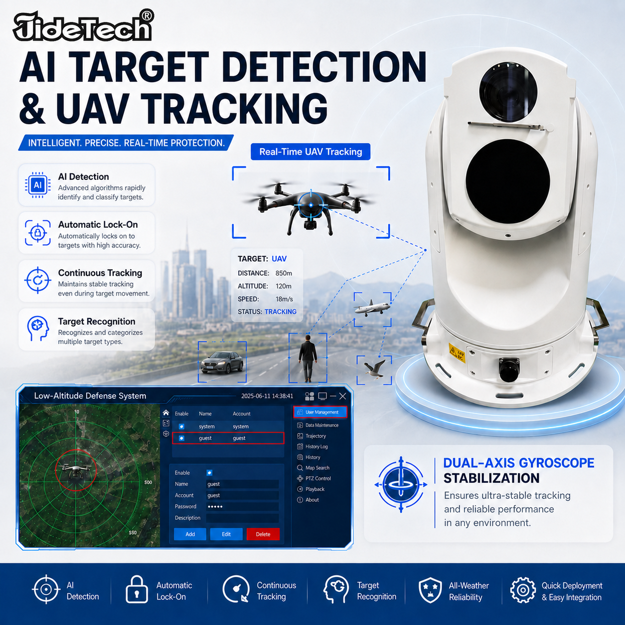 JideTech LC007 65X Long-Range Thermal PTZ Camera with 640×512 AI UAV Detection & Tracking