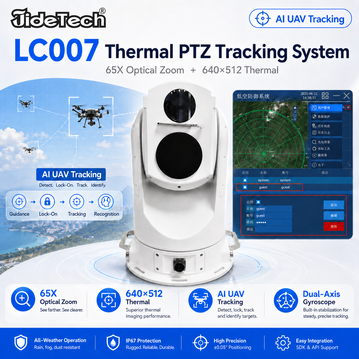 JideTech LC007 65X Long-Range Thermal PTZ Camera with 640×512 AI UAV Detection & Tracking