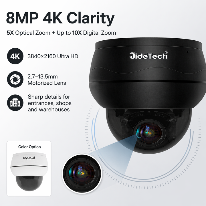 JideTech P1 PLUS 8MP 5X Optical Zoom PoE Mini PTZ Dome Camera with Absolute Positioning