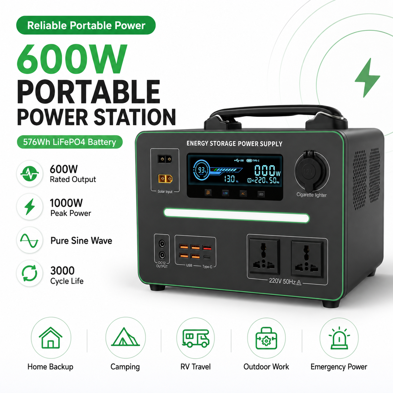 600W Portable Power Station 576Wh LiFePO4 with Optional 100W Solar Panel Kit